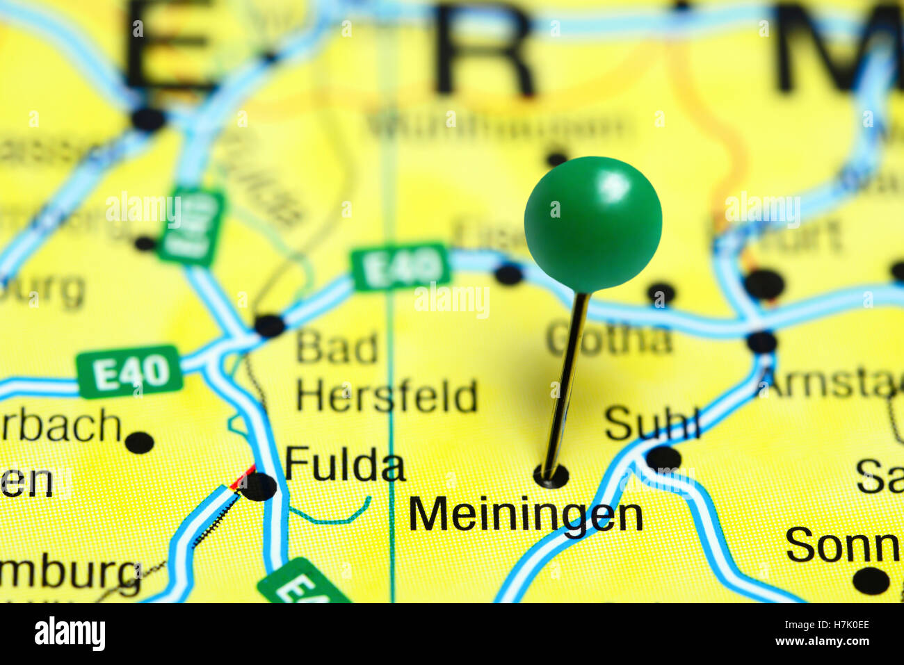 Meiningen, fixiert auf einer Karte von Deutschland Stockfoto