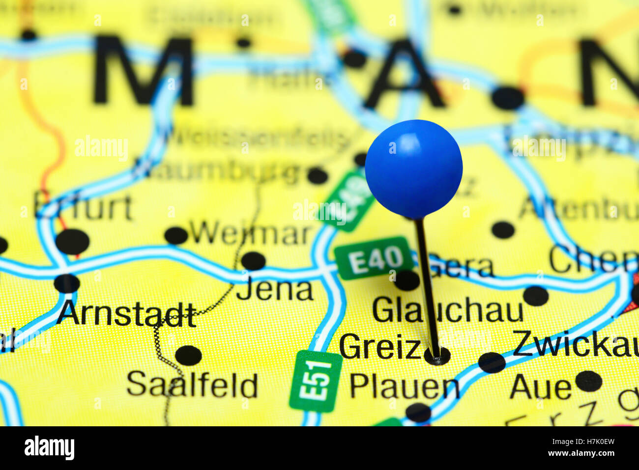 Greiz, fixiert auf einer Karte von Deutschland Stockfoto