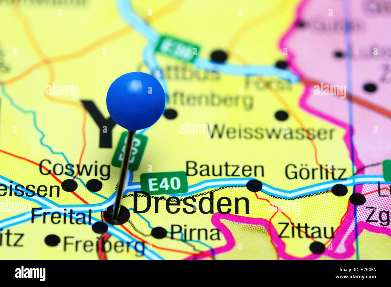 Dresden, fixiert auf einer Karte von Deutschland Stockfoto