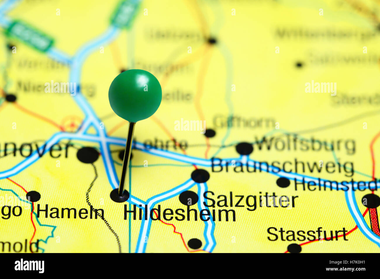 Hildesheim, fixiert auf einer Karte von Deutschland Stockfoto