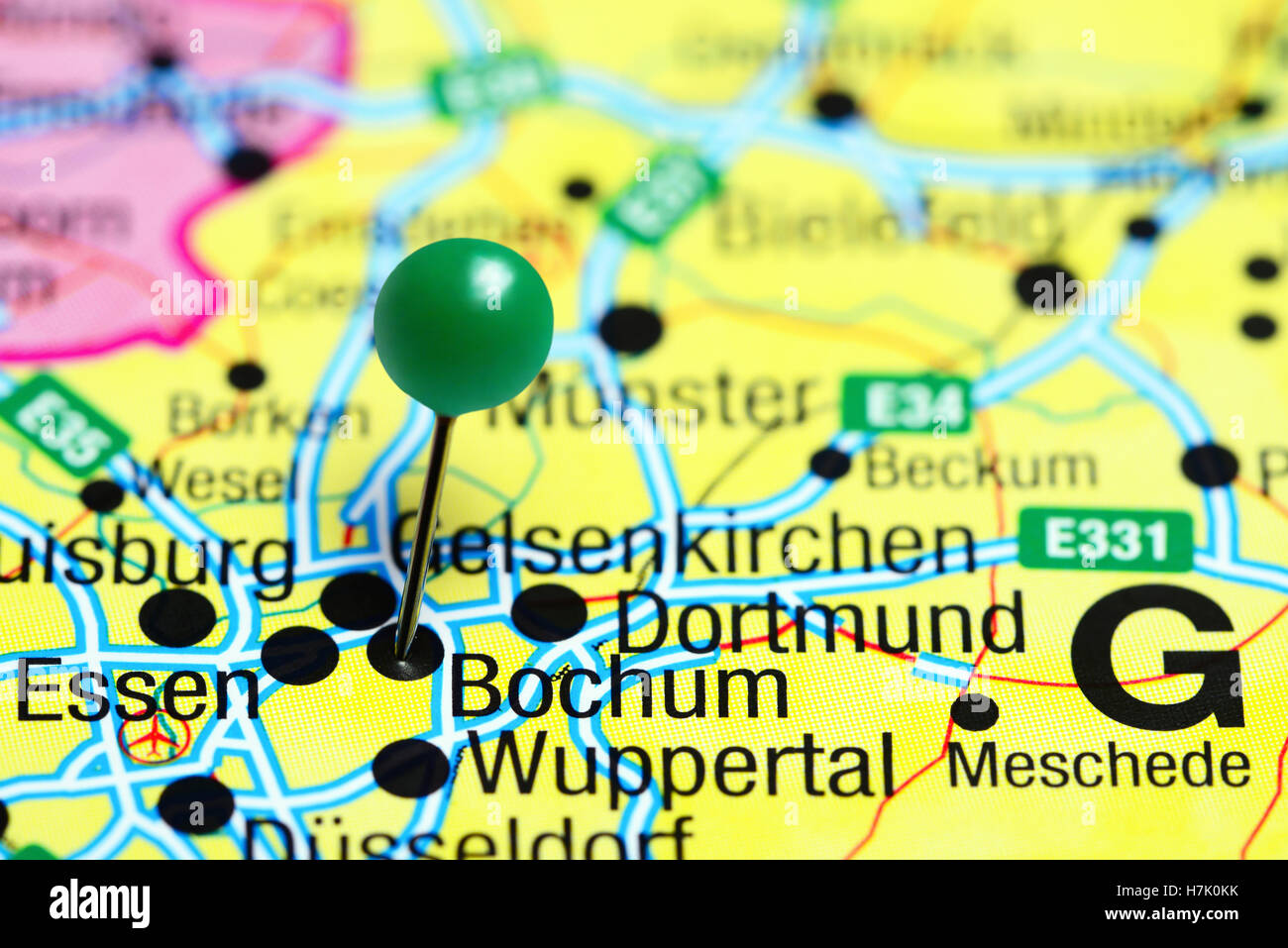 Bochum, fixiert auf einer Karte von Deutschland Stockfoto