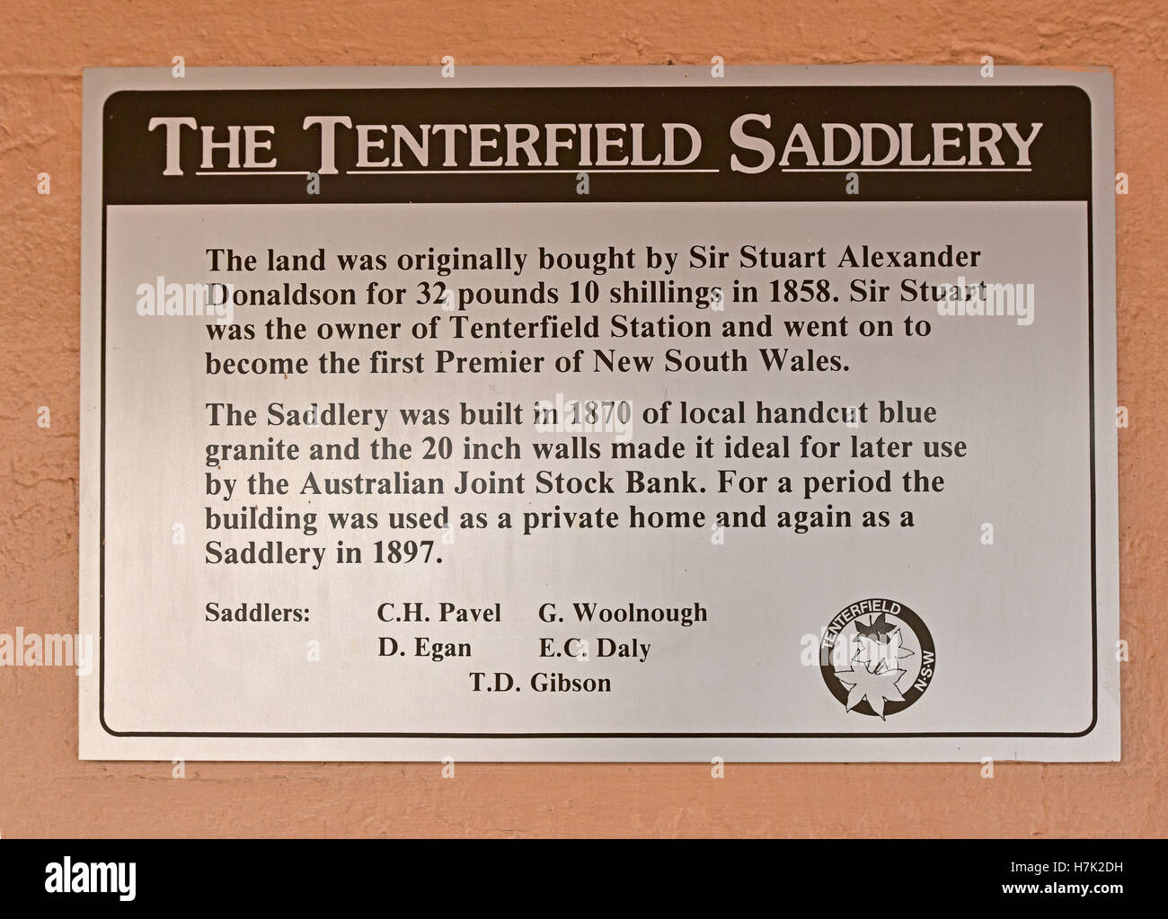Melden Sie Explaing die Ursprünge des ehemaligen Sattlerei in Tenterfield, new-South.Wales, Australien, die Wurzel des peter Allens Song Stockfoto