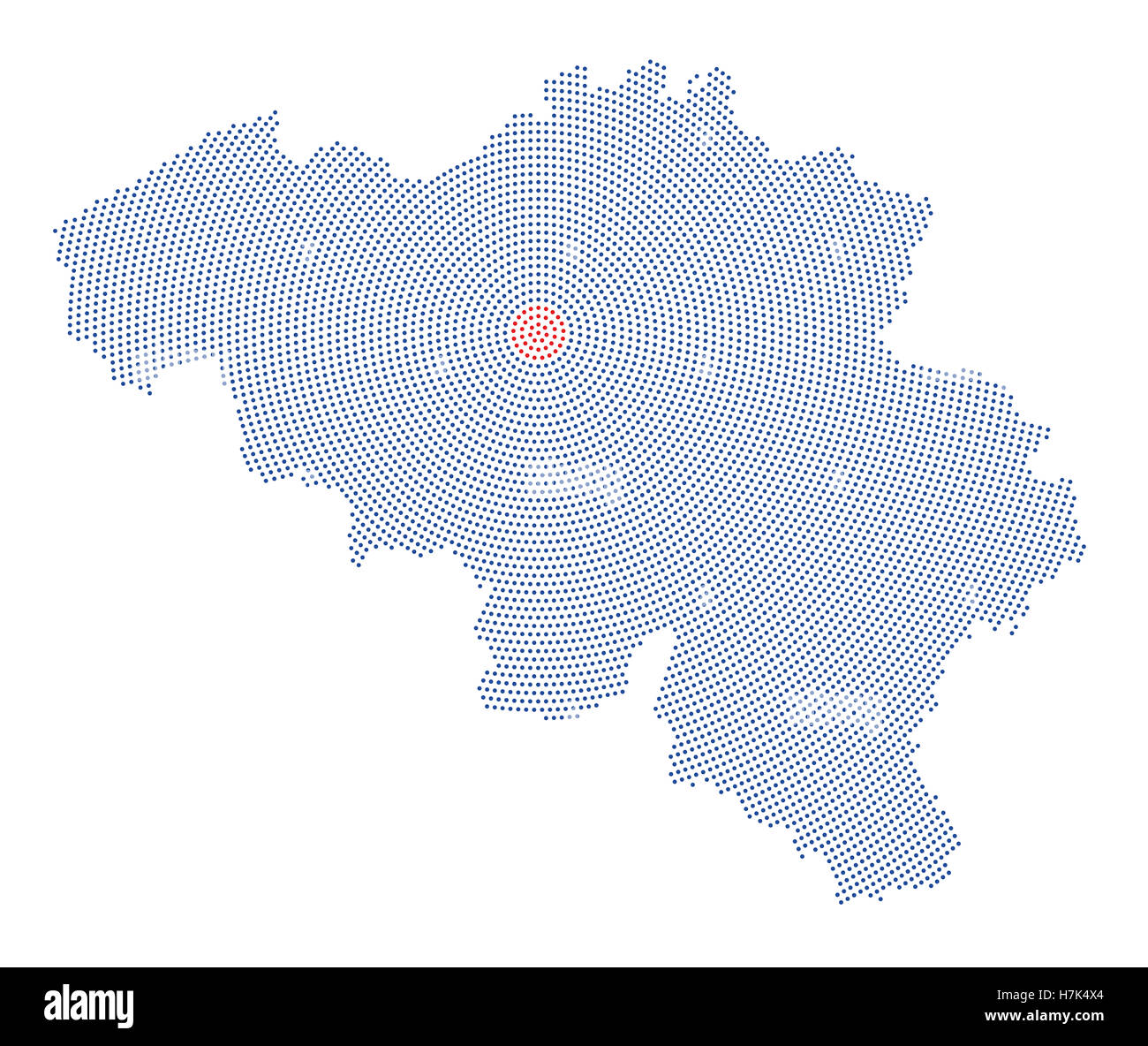 Belgien-Karte radial Punktmuster. Blaue Punkte gehen von den roten gepunkteten Hauptstadt Brüssel nach außen und bilden die Land-Silhouette. Stockfoto