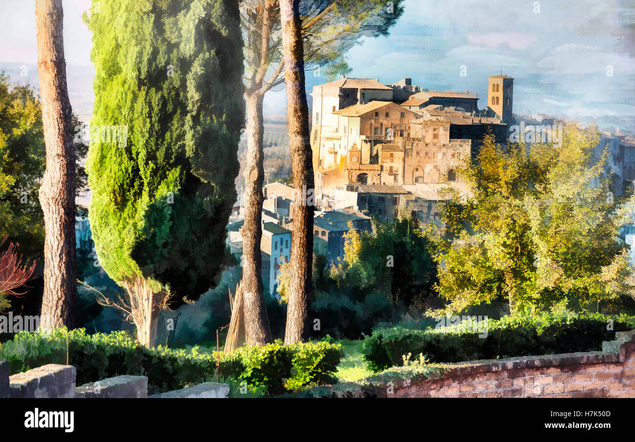 Mittelalterliche Borgo (Dorf) Bomarzo in der Provinz Viterbo, Italien. Kunstwerke in der Malerei Stil Stockfoto