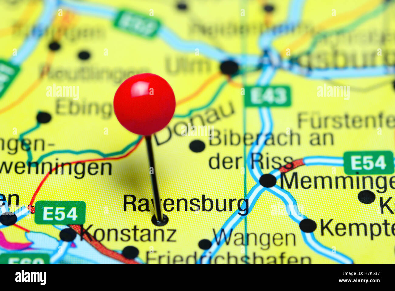 Ravensburg, fixiert auf einer Karte von Deutschland Stockfoto