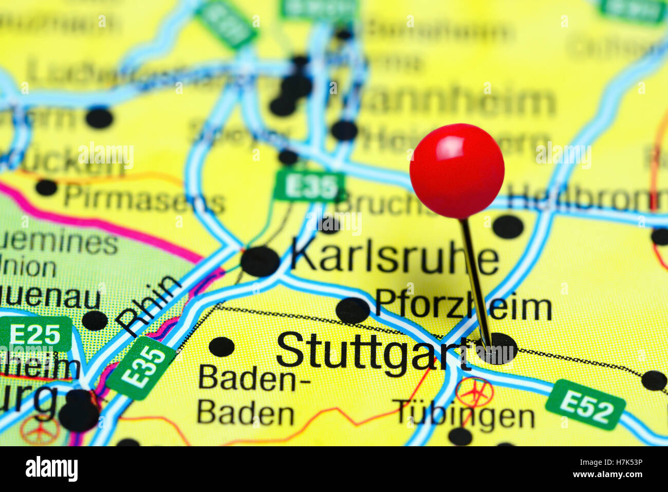 Stuttgart, fixiert auf einer Karte von Deutschland Stockfoto