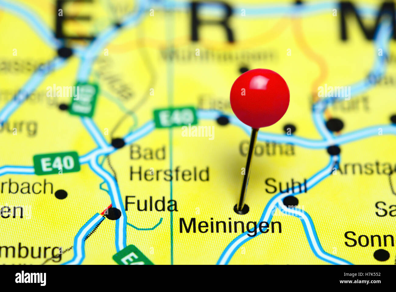 Meiningen, fixiert auf einer Karte von Deutschland Stockfoto