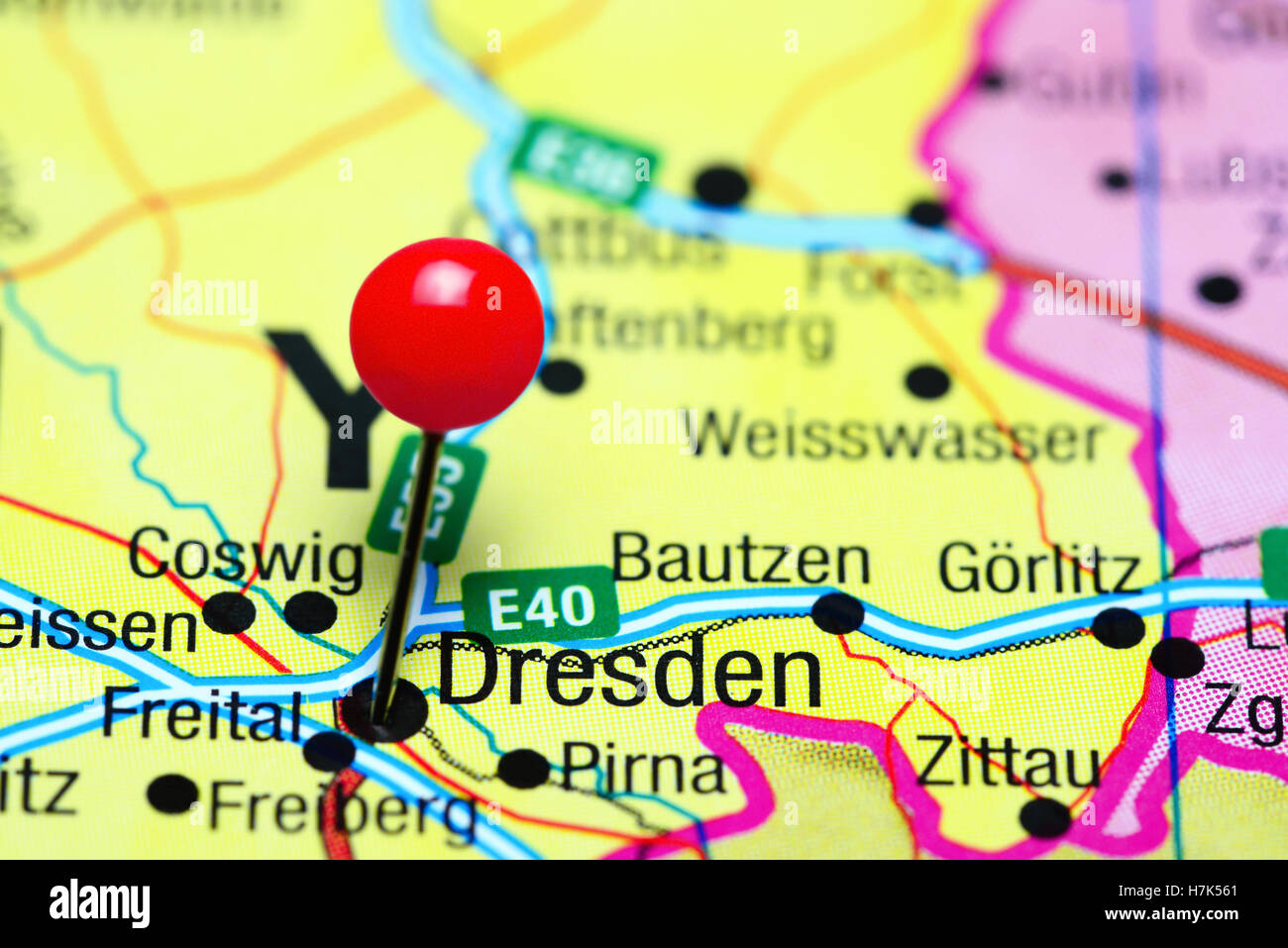 Dresden, fixiert auf einer Karte von Deutschland Stockfoto