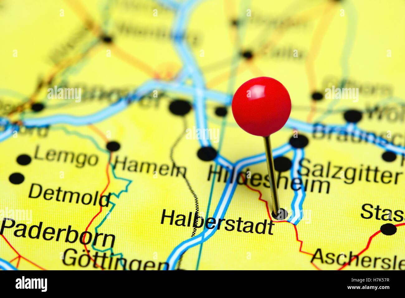 Halberstadt, fixiert auf einer Karte von Deutschland Stockfoto
