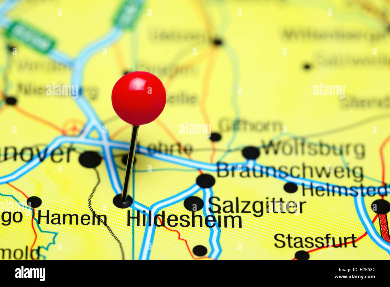 Hildesheim, fixiert auf einer Karte von Deutschland Stockfoto