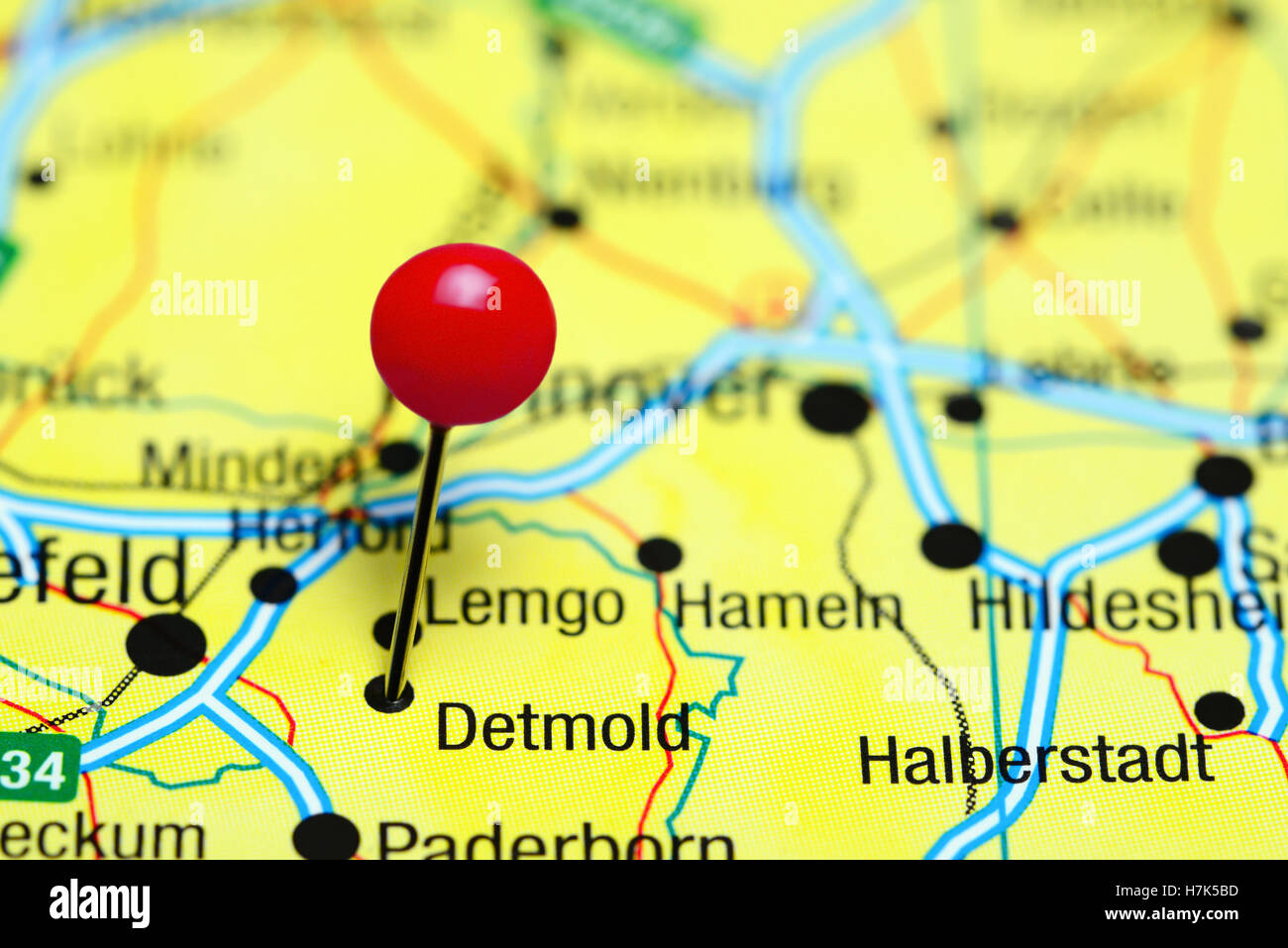 Detmold, fixiert auf einer Karte von Deutschland Stockfoto