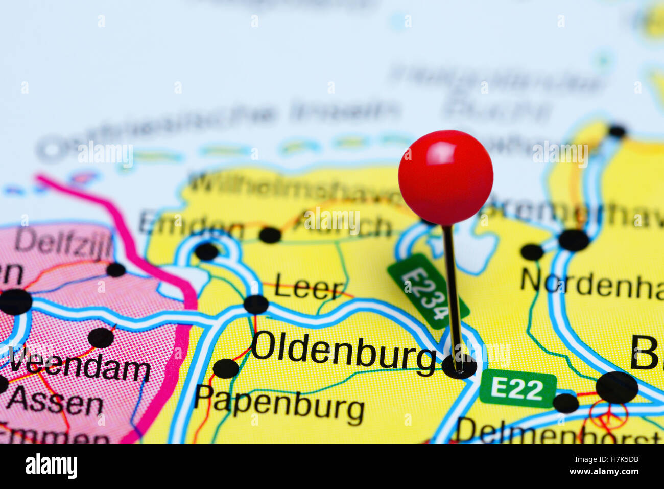 Oldenburg, fixiert auf einer Karte von Deutschland Stockfoto
