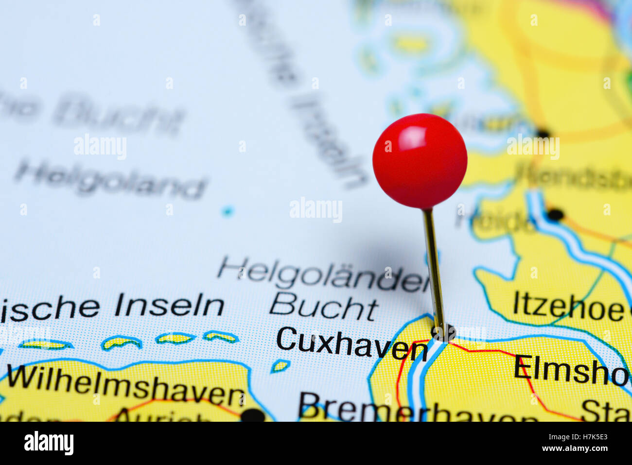 Cuxhaven, fixiert auf einer Karte von Deutschland Stockfoto