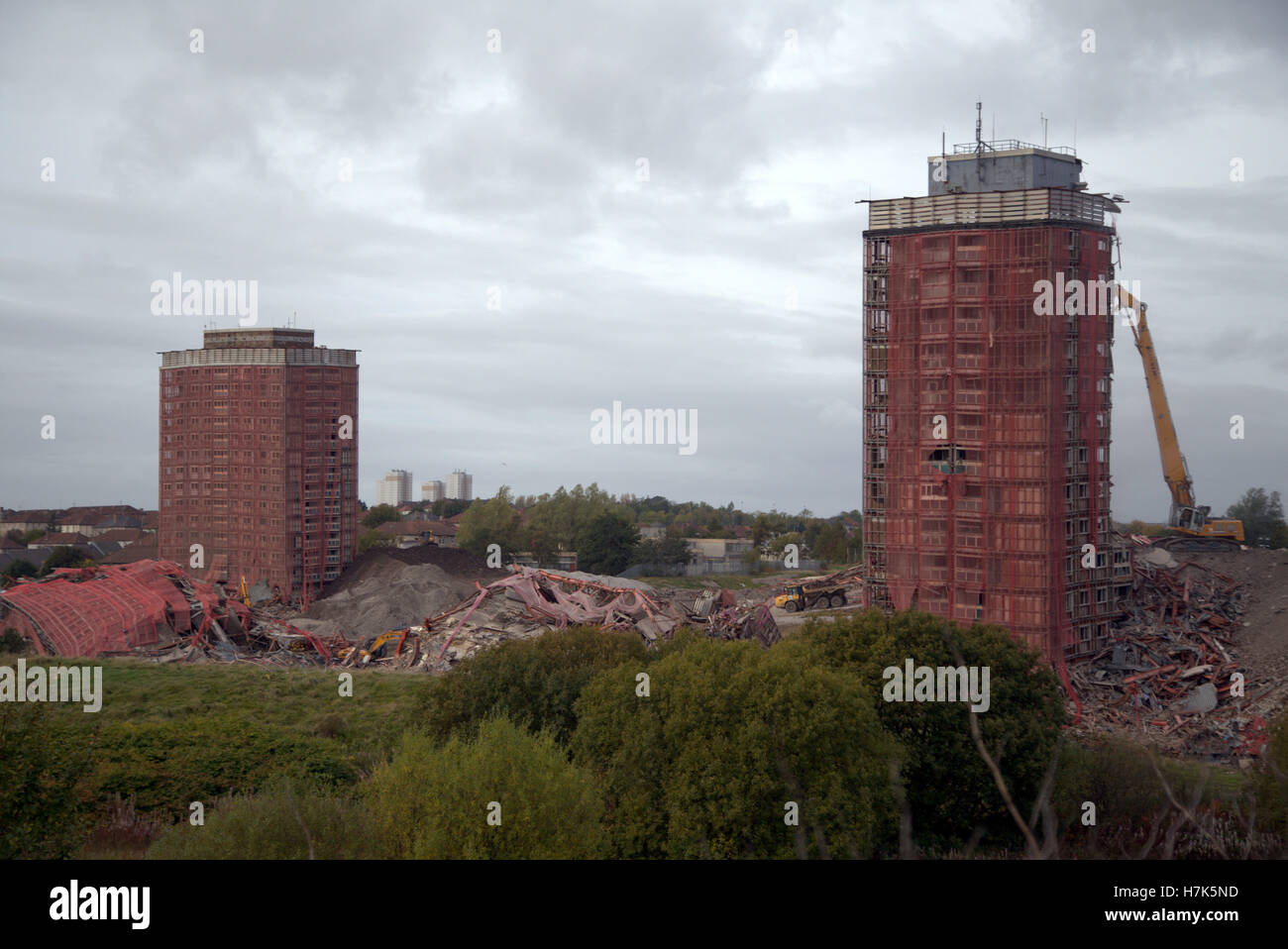 Red Road Wohnungen Glasgow Abriss der höchsten Wohnungen in Europa Stockfoto