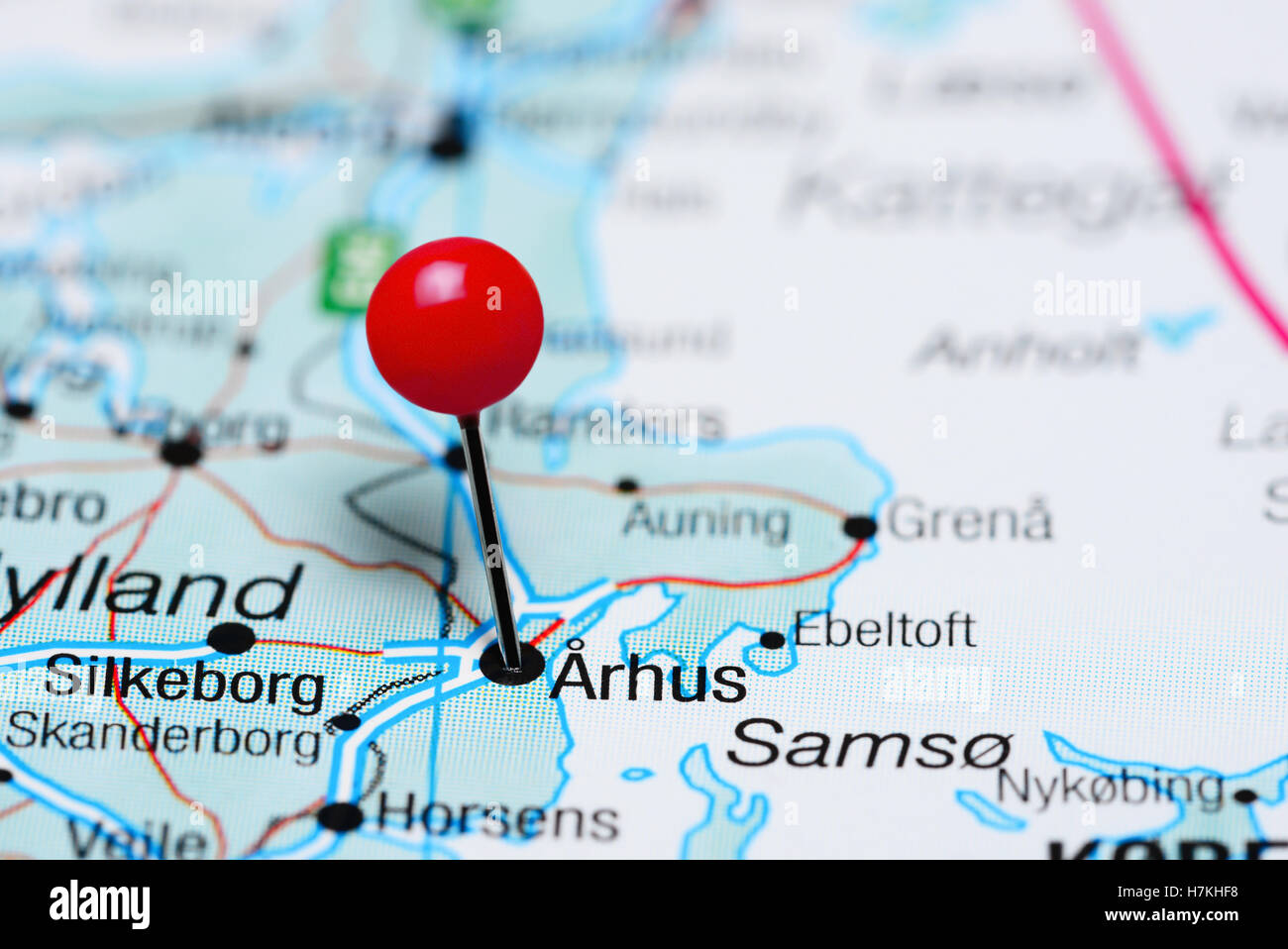 Aarhus, fixiert auf einer Karte von Dänemark Stockfoto
