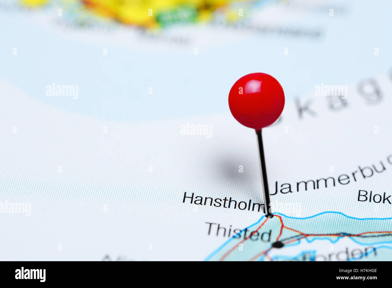 Hanstholm fixiert auf einer Karte von Dänemark Stockfoto