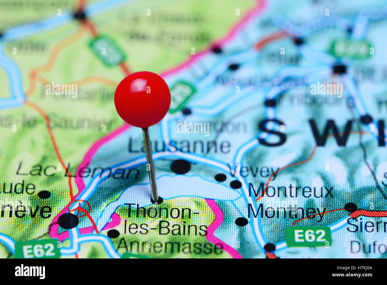 Thonon-Les-Bains fixiert auf einer Karte von der Schweiz Stockfoto