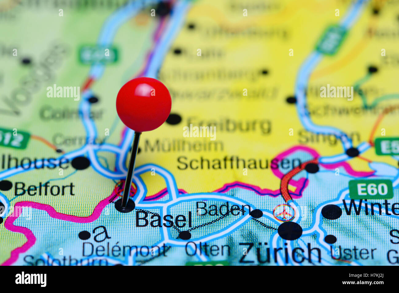 Basel, fixiert auf einer Karte von der Schweiz Stockfoto