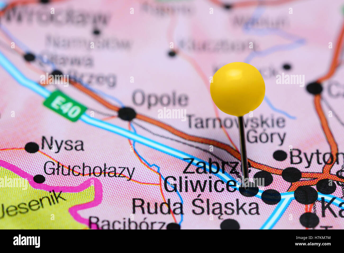 Gliwice, fixiert auf einer Karte von Polen Stockfoto