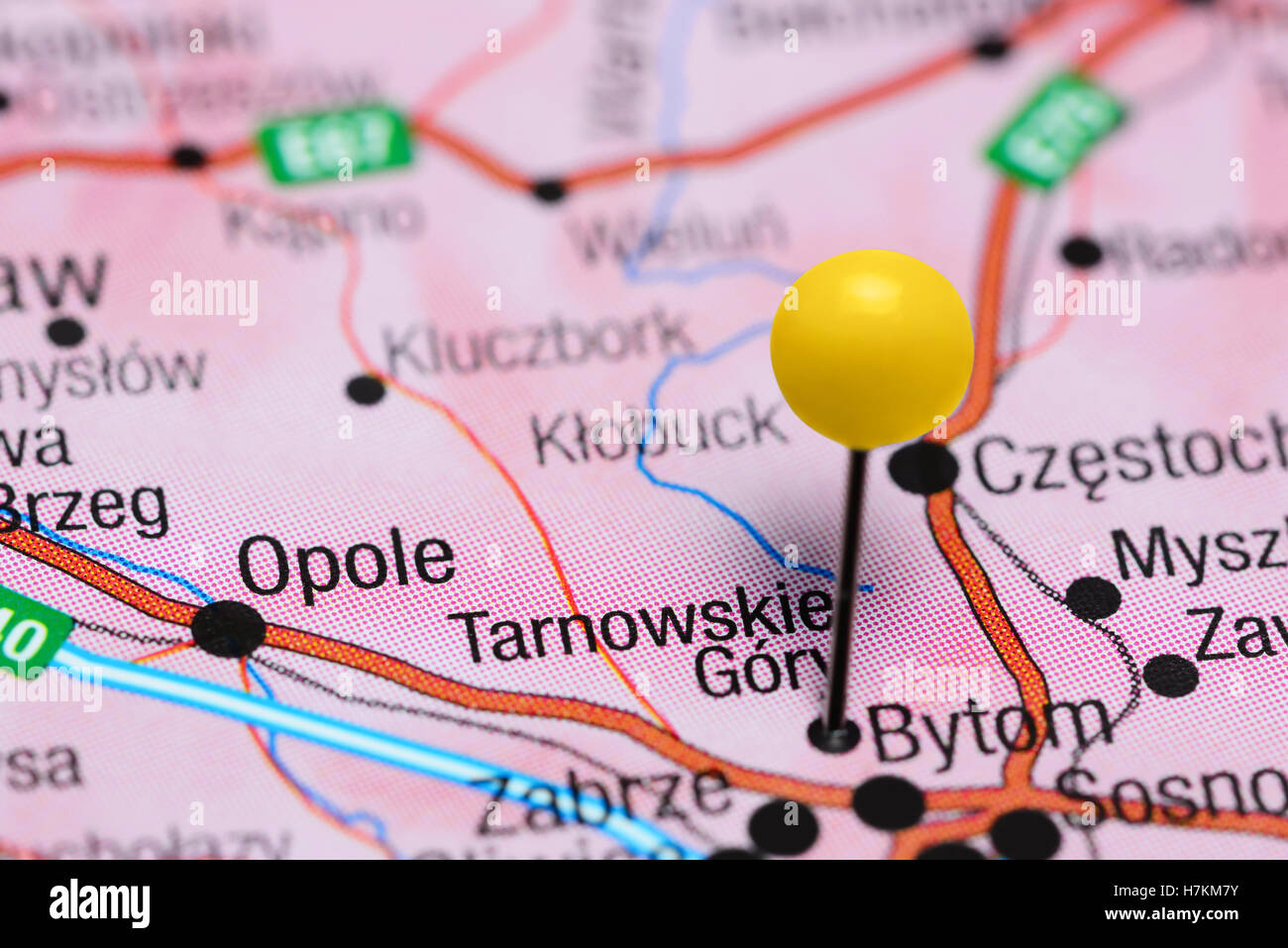 Tarnowskie Gory fixiert auf einer Karte von Polen Stockfoto