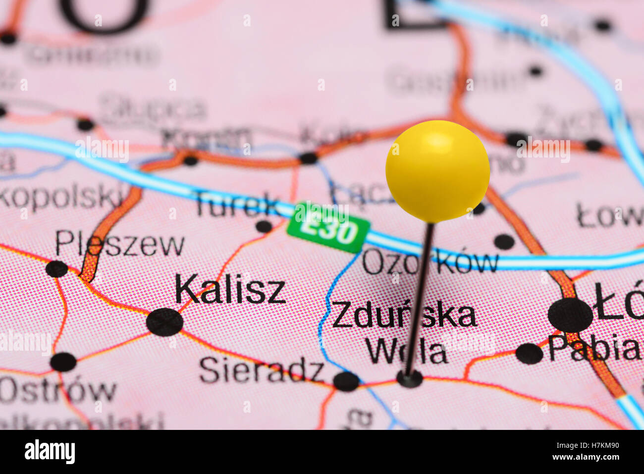 Zdunska Wola fixiert auf einer Karte von Polen Stockfoto
