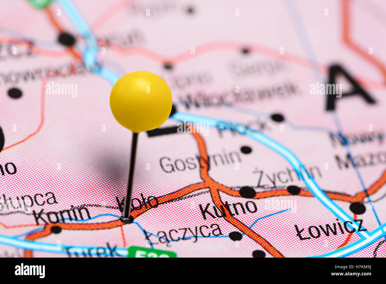 Kolo, fixiert auf einer Karte von Polen Stockfoto
