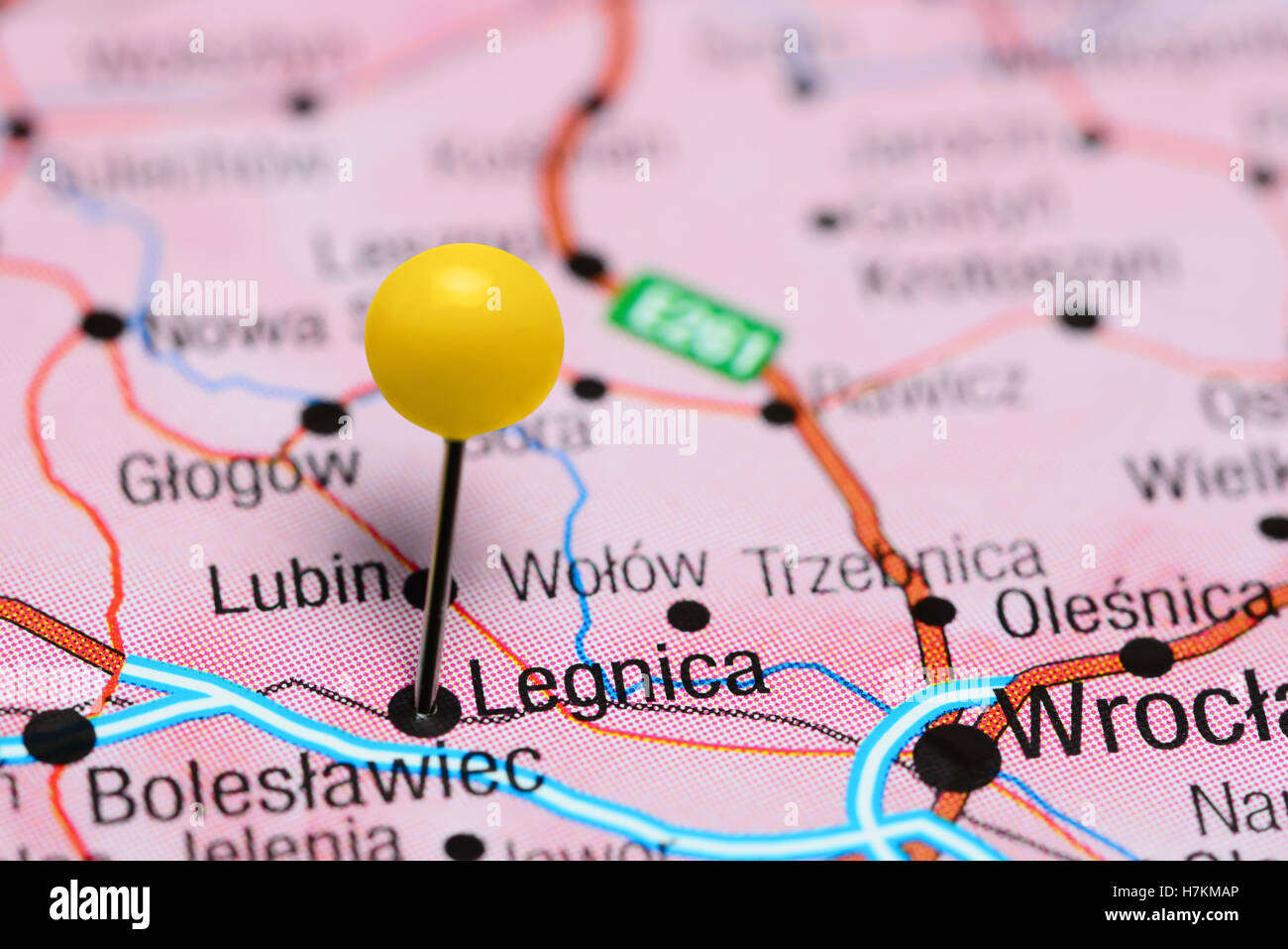 Legnica, fixiert auf einer Karte von Polen Stockfoto