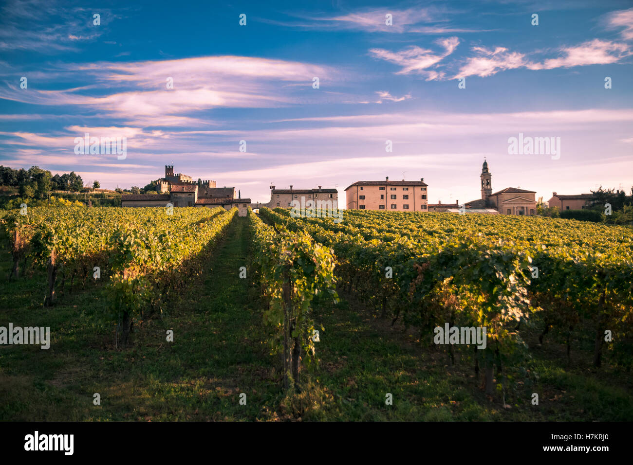 Ansicht von Soave (Italien), umgeben von Weinbergen, die eines der beliebtesten italienischen Weißweine und seine berühmten Medie produzieren Stockfoto