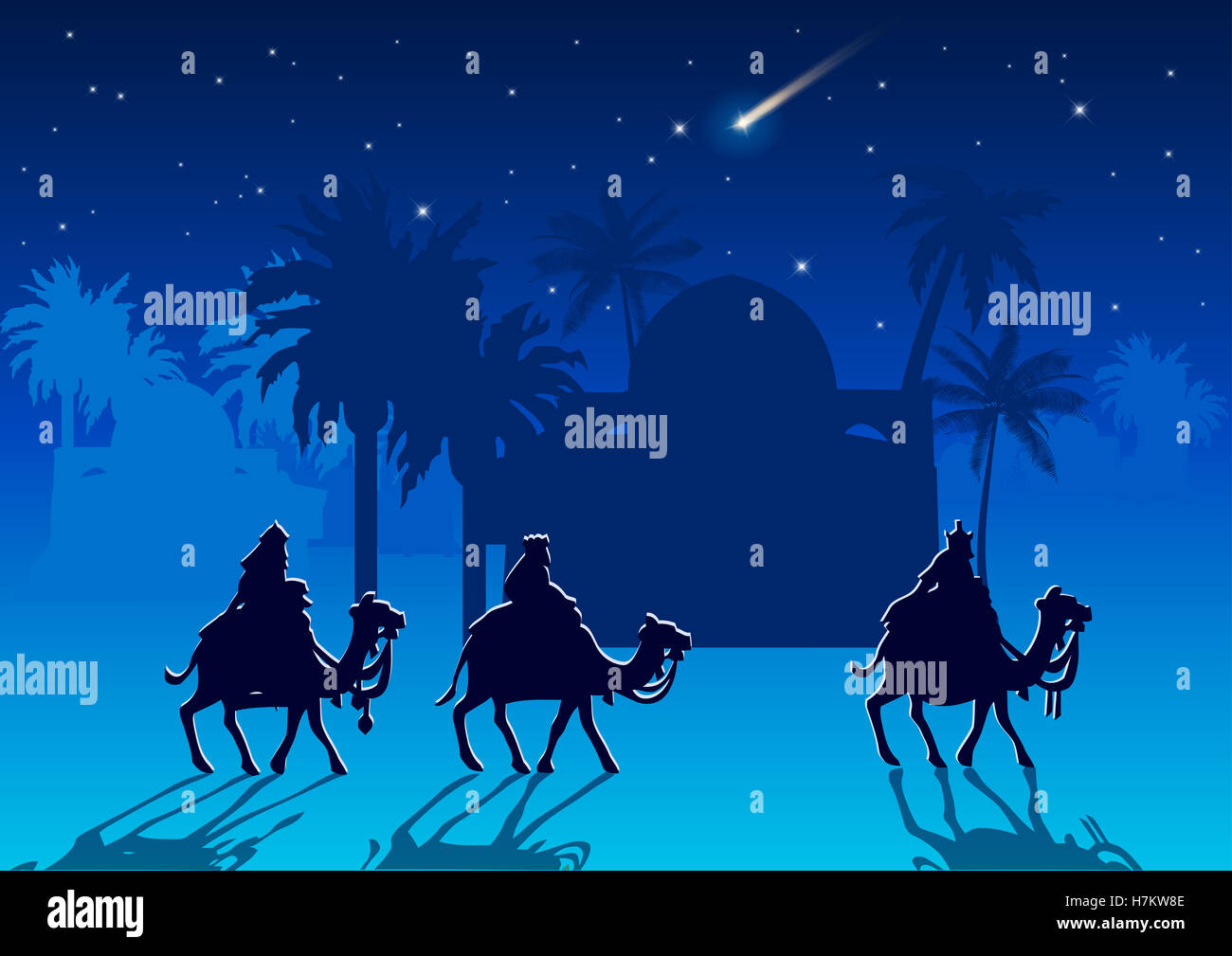 Stilisierte Darstellung der biblischen Weihnachten: three Wise Men sind der neue König von Jerusalem Jesus Christus nach seiner Geburt zu besichtigen. Stockfoto