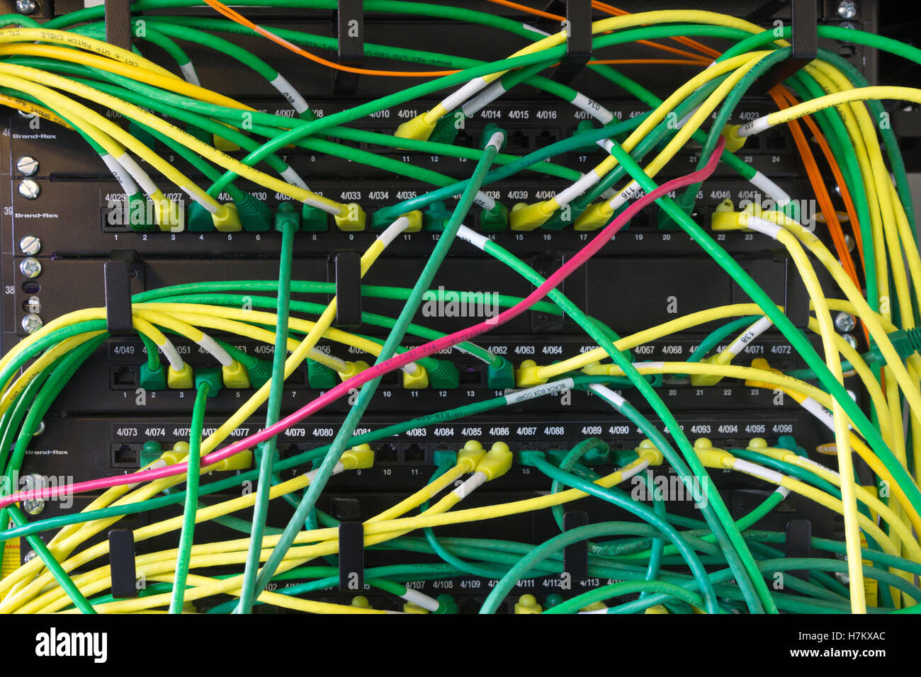 Eine Fülle von Ethernet-Kabel Verbindung zu einem server Stockfoto