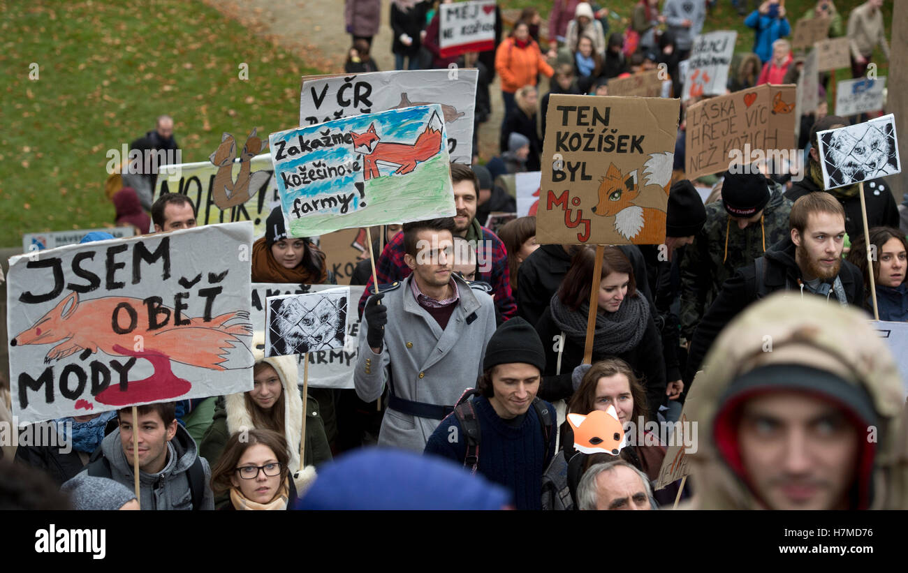 Mehrere Hundert Aktivisten, Tierkostüme, beteiligte sich an einer Demonstration gegen Pelzfarmen in der Mitte, 6. November 2016 tragen. Nächste Woche ist der Abgeordnetenkammer zu beginnen, über eine Änderung des Gesetzes über den Schutz der Tiere und verhindert Grausamkeit zu ihnen, die Pelzfarmen verbieten würde. Züchter der Nerze und Füchse für Pelz haben der Änderungsantrag abgelehnt. Teilnehmer in der Marsch, der Bild-Tier-Protektoren-Vereinigung trugen Transparente mit Parolen gegen Pelz Tierzucht. Stockfoto