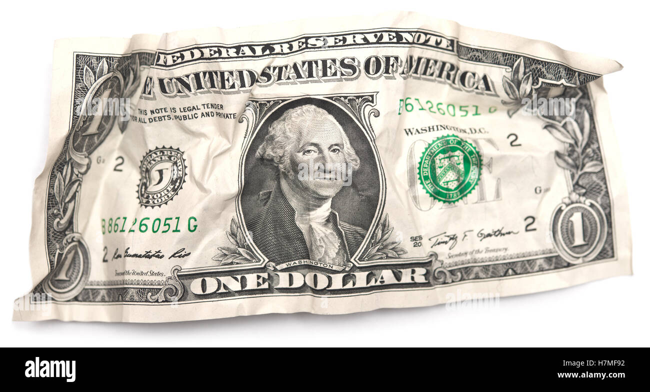 zerknitterte Dollarschein isoliert auf weißem Hintergrund Stockfoto