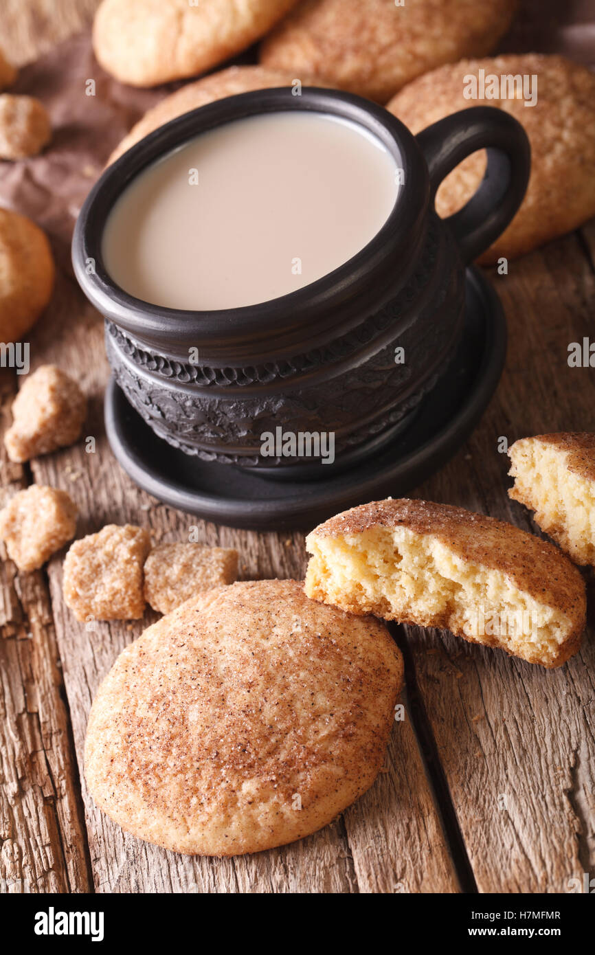 Amerikanische Cookies Snickerdoodle und Milch close-up auf dem Tisch. vertikale, rustikalen Stil Stockfoto