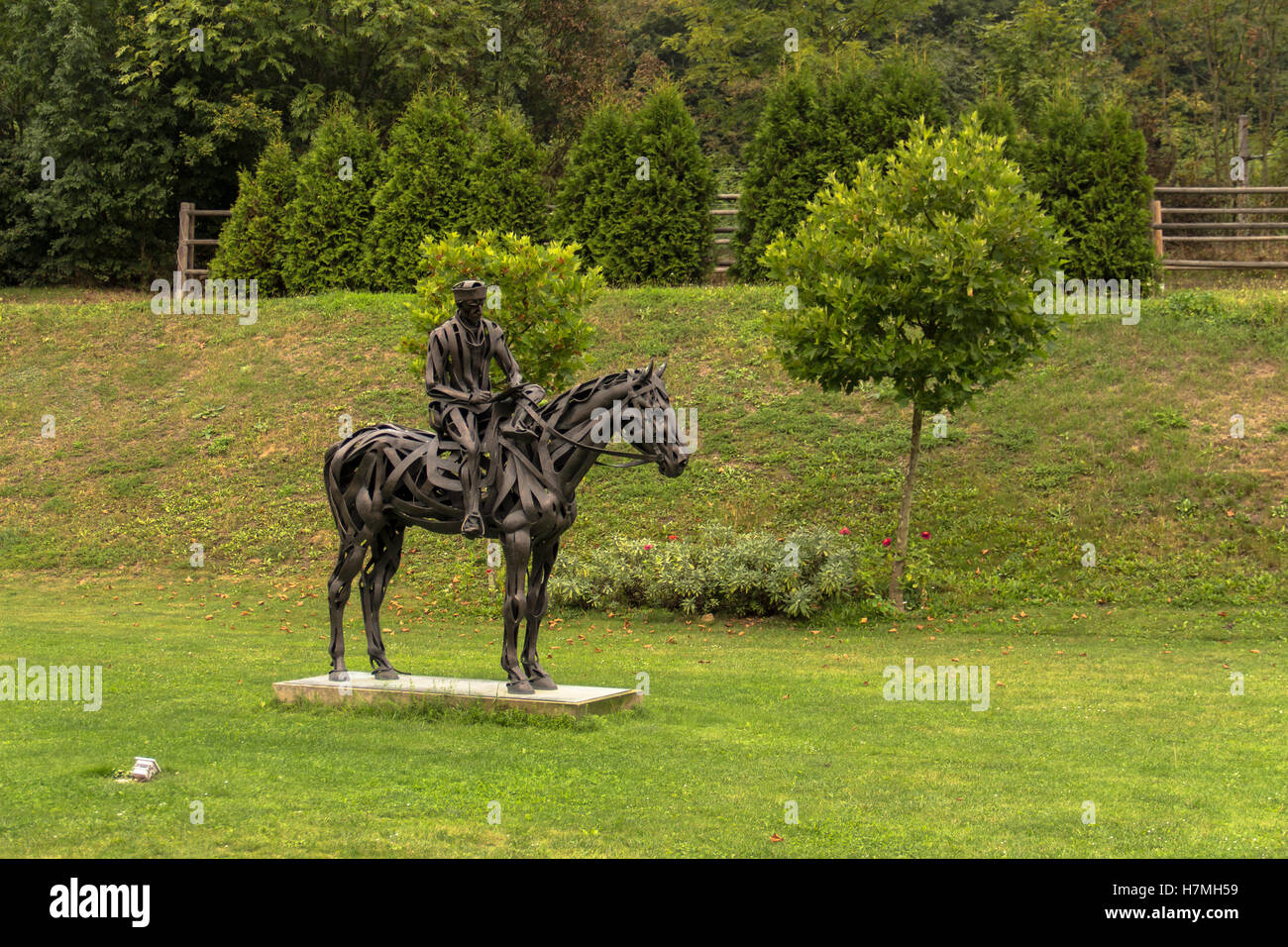 Skulptur-Reiter auf einem Pferd aus Metall gefertigt, der ursprünglichen Reiter Skulptur in Form von Streifen. Auf dem Hintergrund des Grases ein Stockfoto