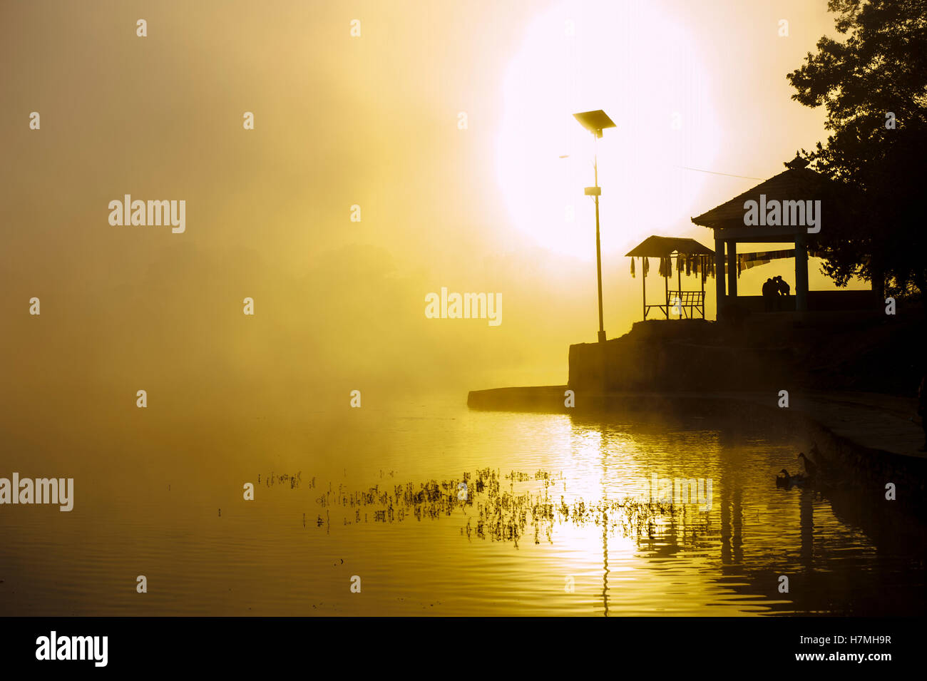 Gelbe taudah See Morgennebel mit Sonne im Hintergrund Stockfoto