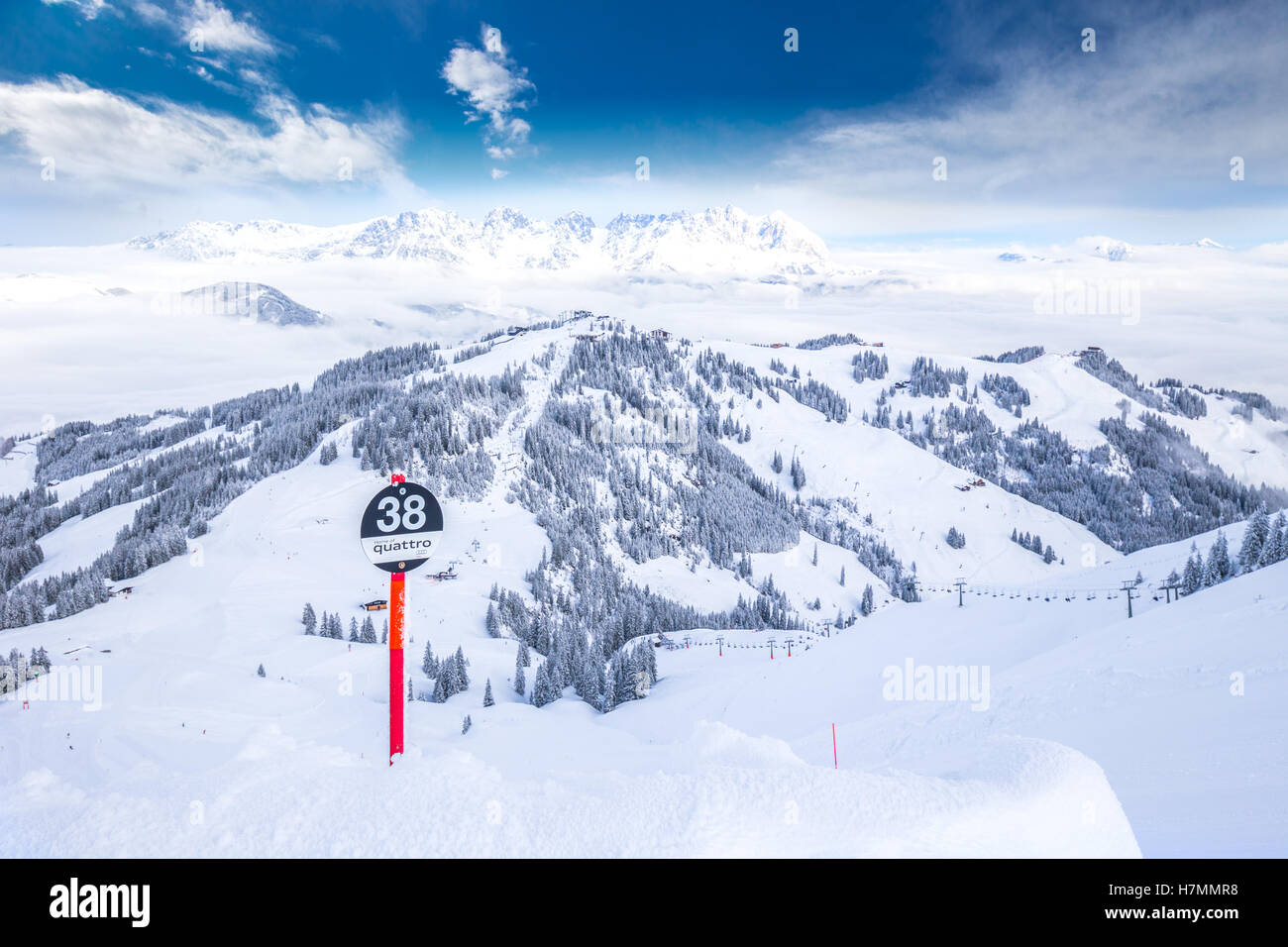 Bäumen fallenden Neuschnee im Skigebiet Tiroler Alpen Kitzbühel, Austra Stockfoto