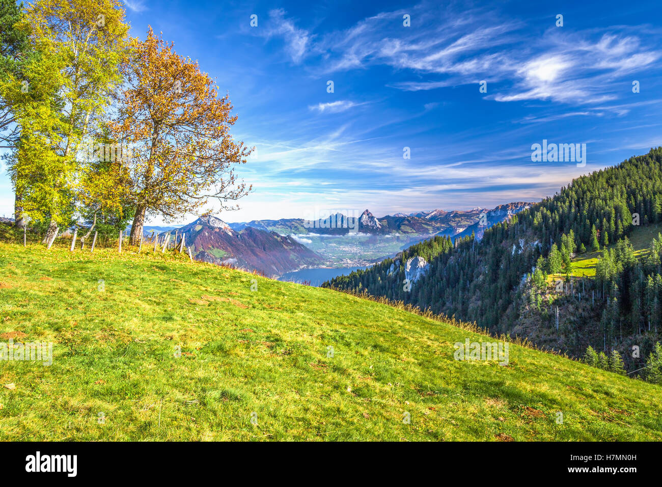 Nebel umgibt, Grosser, Kleiner Mythen, Vierwaldstättersee, Rigi Berg, Brunnen und Weggis Dorf von Klewenalp in Schweizer Alpen Stockfoto