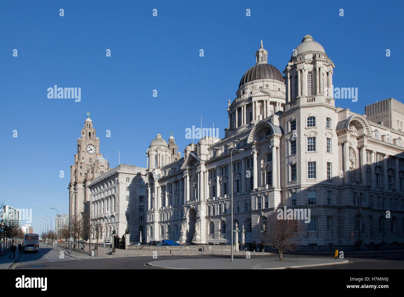 Die drei Grazien [das Royal Liver Building, dem cunard Building und der Hafen von Liverpool Gebäude] Liverpool, England, Grossbritannien Stockfoto