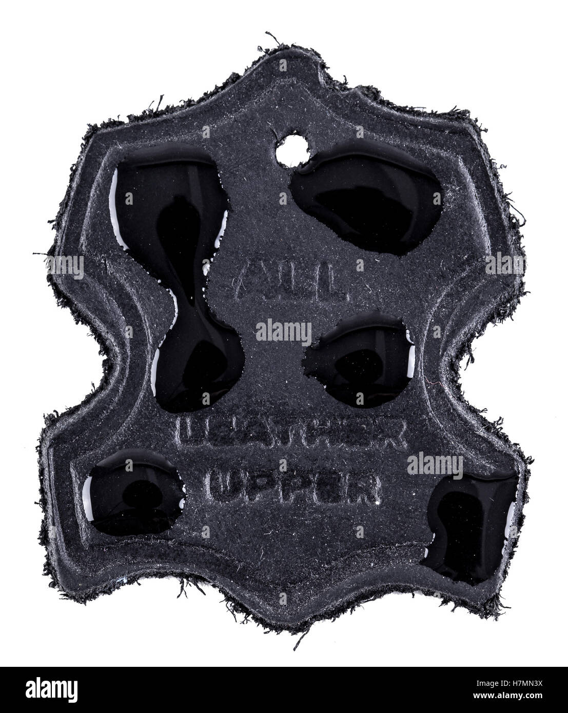 Label aus echtem Leder in schwarz mit Wasser fällt auf Wasserdichtigkeit zeigen. Isoliert auf weißem Hintergrund Stockfoto