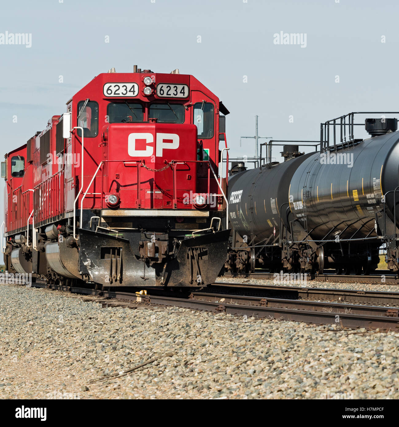 Canadian Pacific Railway Lokomotiven Tanker Waggons Rangierbahnhofs Medicine Hat, Alberta, Kanada Stockfoto