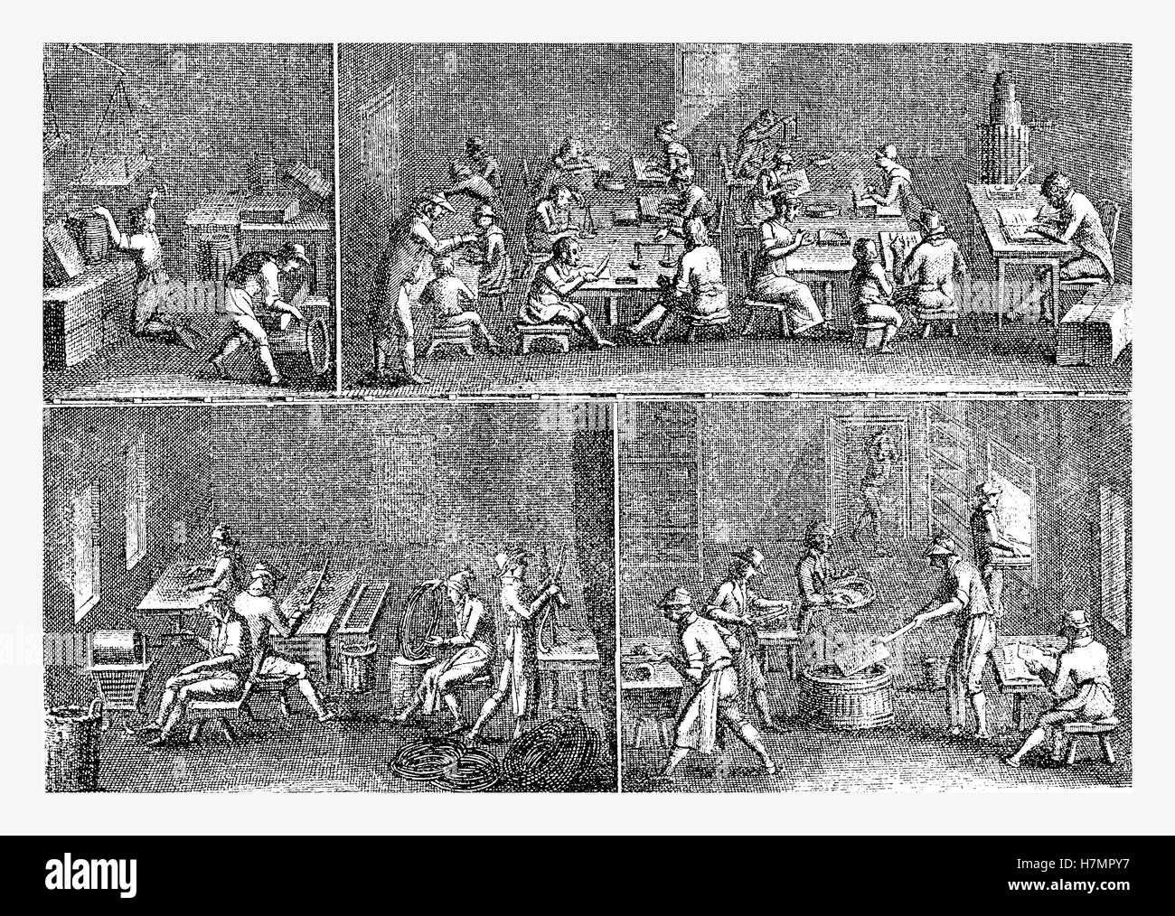 XVIII. Jahrhundert, Entwicklung der Branche in Deutschland, Nadel, Stift und Touch Nadelfabrik Produktion Stockfoto
