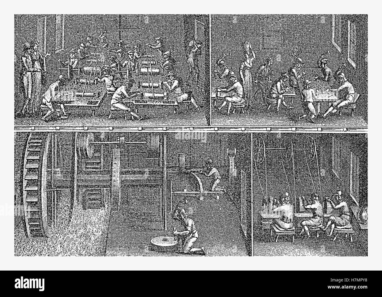 XVIII. Jahrhundert, Entwicklung der Branche in Deutschland, Fingerhut Produktionsfabrik angetrieben durch eine Wassermühle Stockfoto
