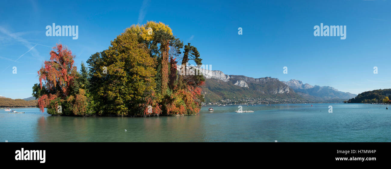 Ille de Cygne, Panorama, See von Annecy, Haute Savoie, Frankreich Stockfoto