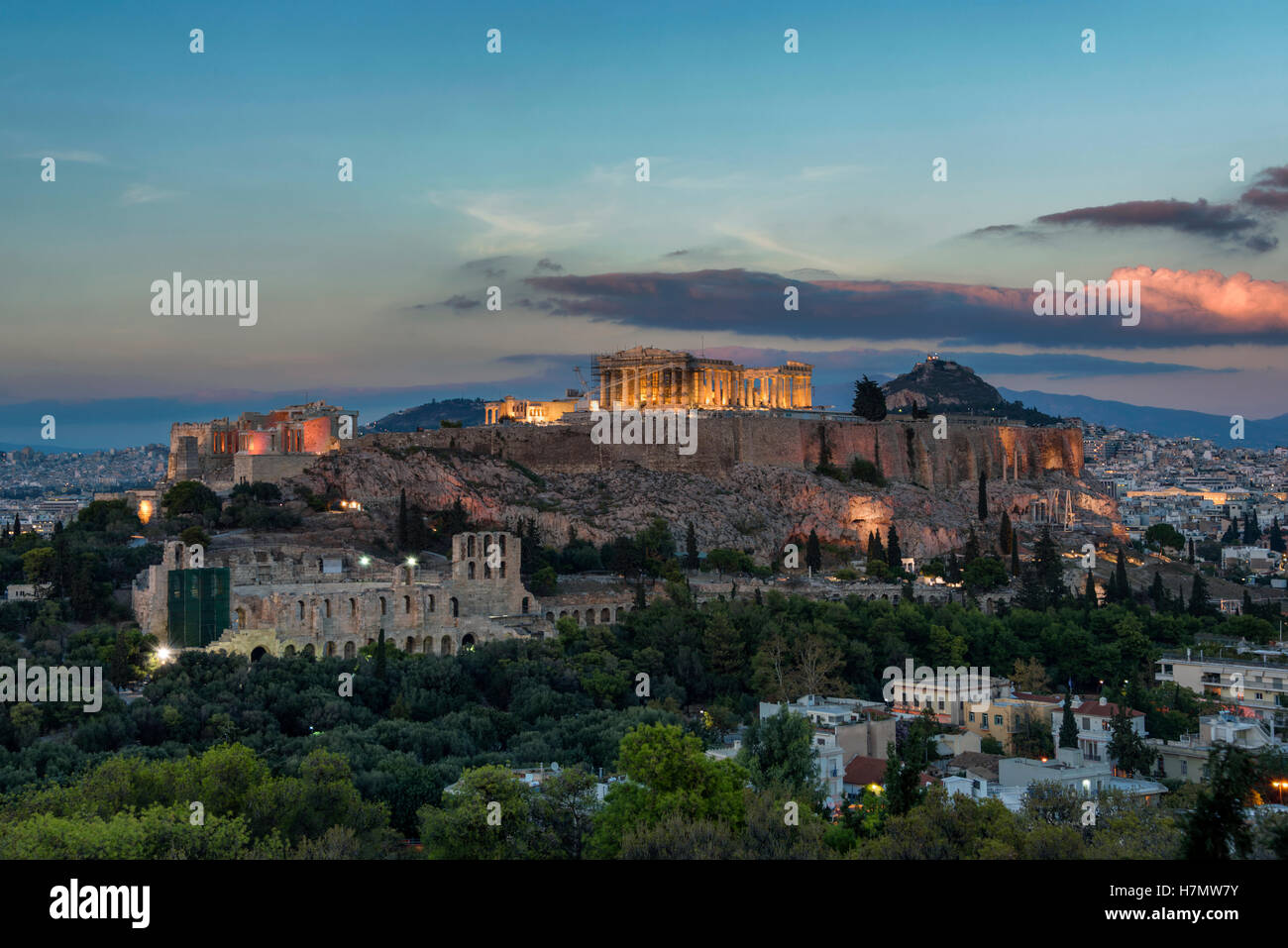 Die Akropolis in der Dämmerung Südwesten Stockfoto