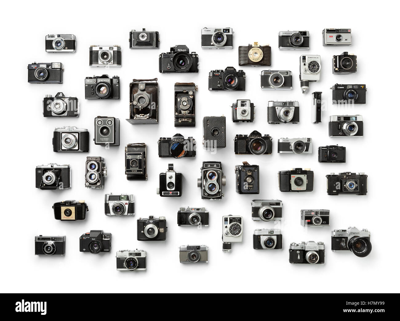 Sammlung von alten analogen verschiedene Kamera auf weißem Hintergrund Stockfoto