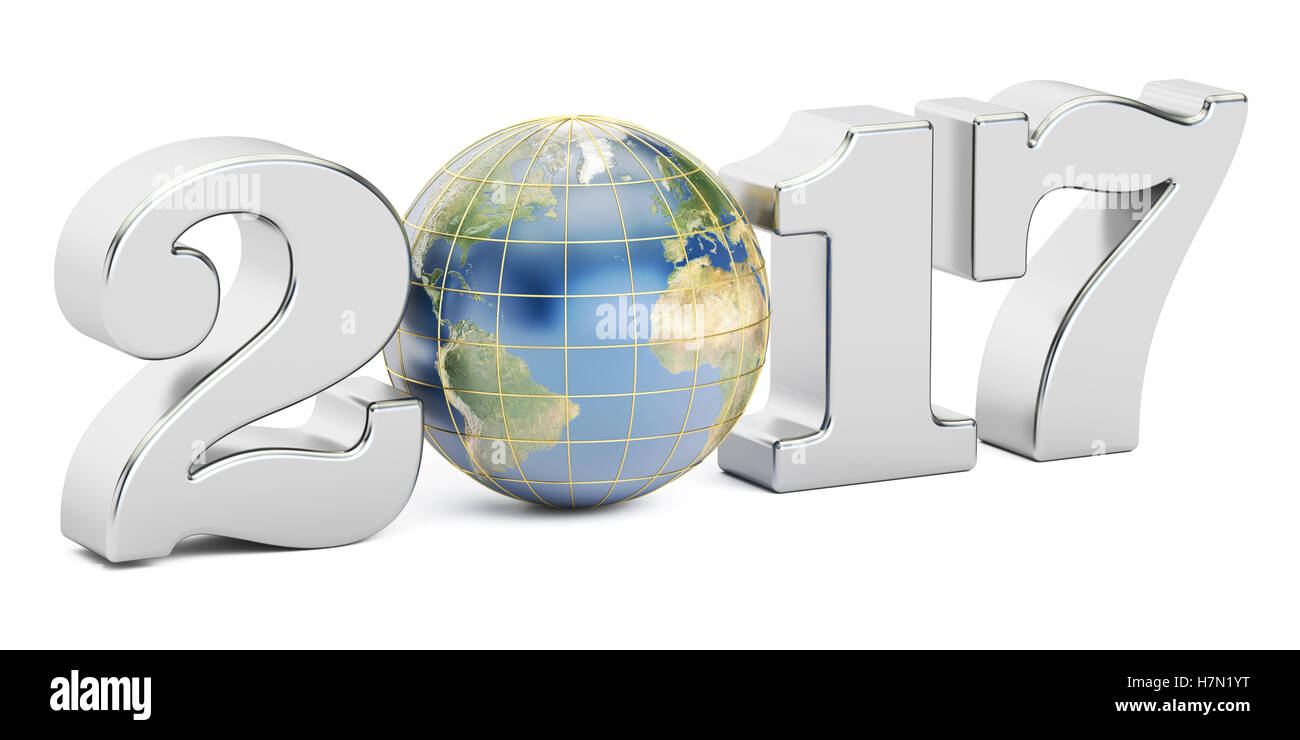 Glückliches Neujahr 2017 mit Globus Konzept, 3D rendering Stockfoto