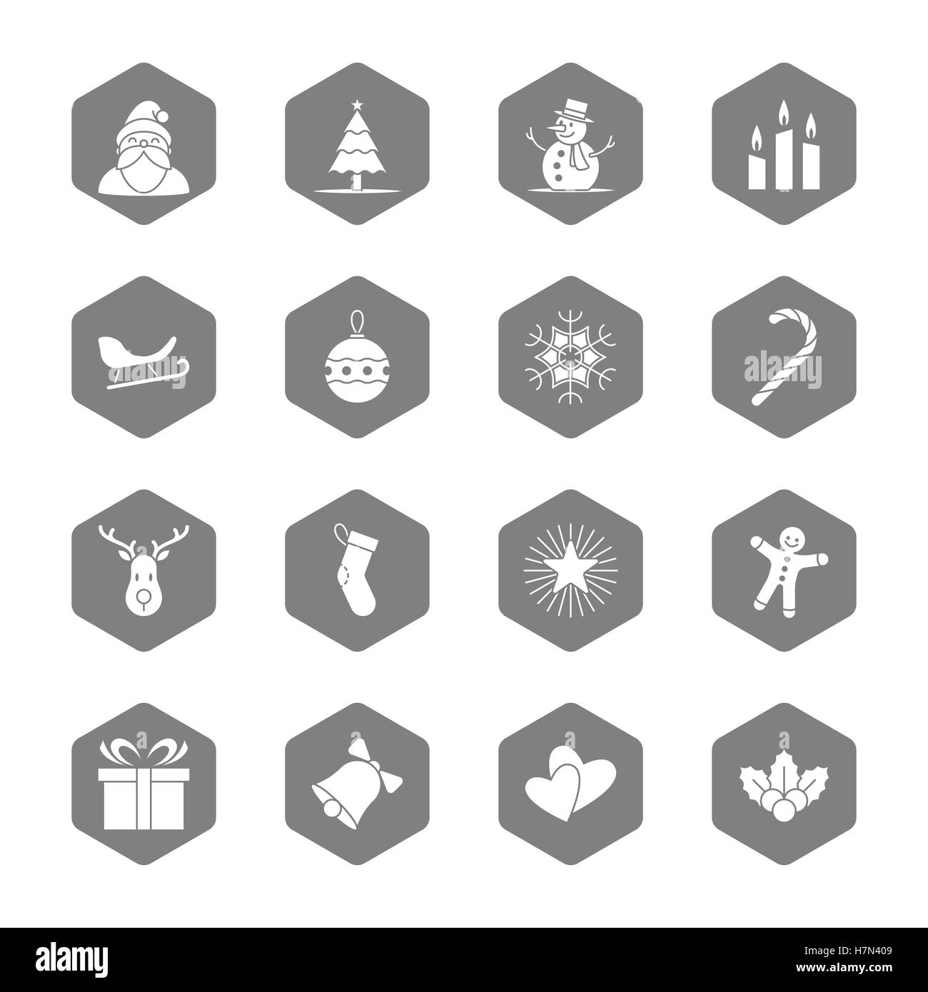 Weihnachten und Neujahr Symbolsatz Illustration - graues Sechseck Stockfoto