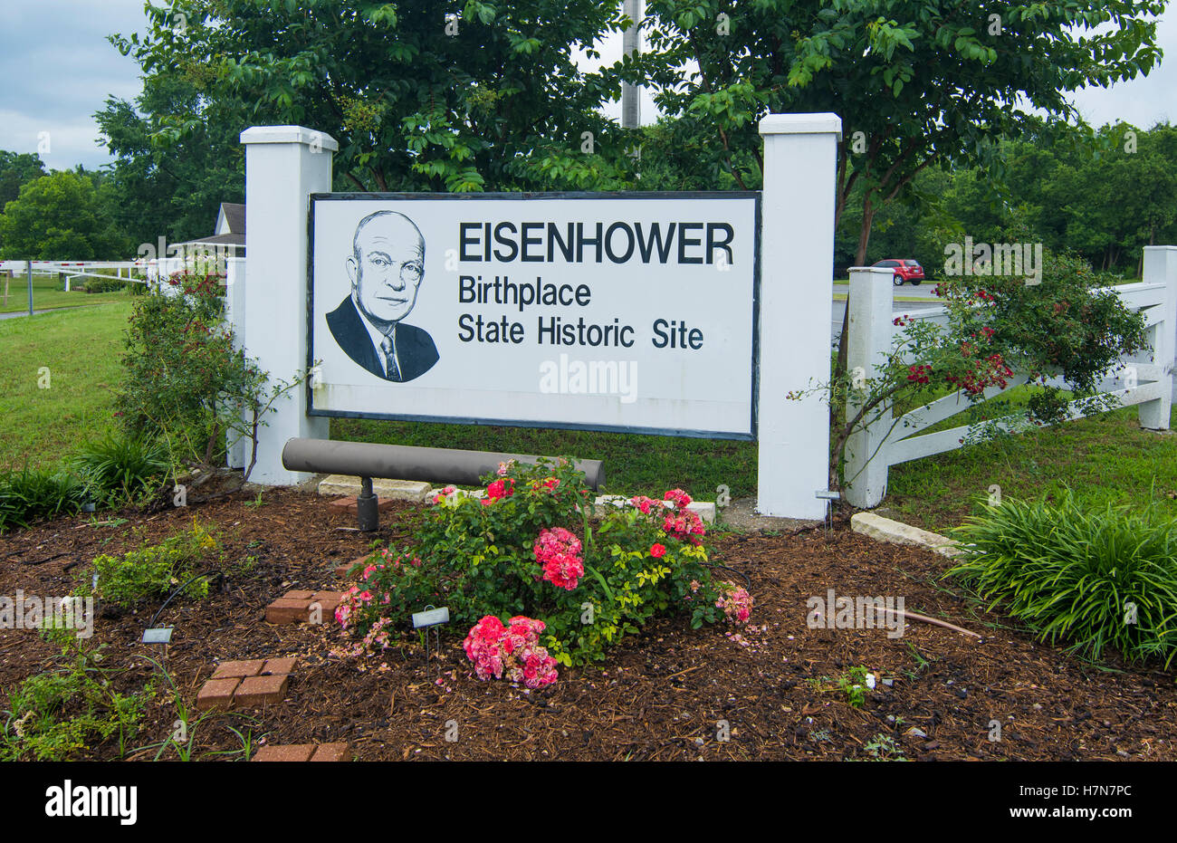 Denison, Texas historische Geburtsort Haus von Präsident Dwight Eisenhower weiß, Ike, US-Präsident Zeichen Stockfoto