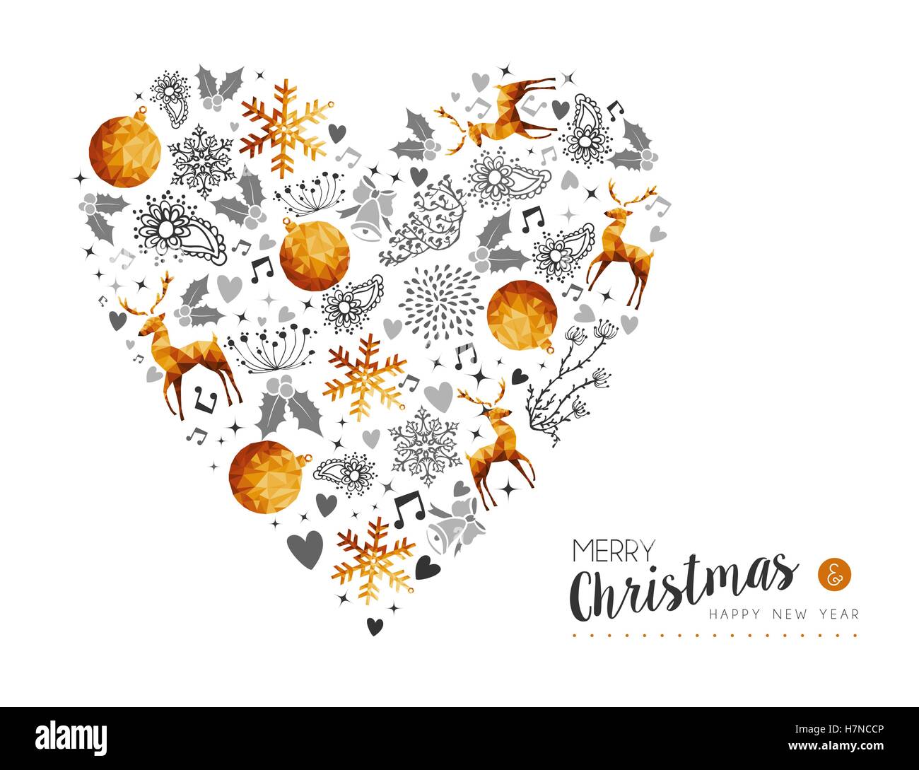 Frohe Weihnachten und Happy New Year goldenes Herz Form Dekoration mit Hirschen, Natur und Urlaub Ornamenten. EPS10 Vektor. Stock Vektor