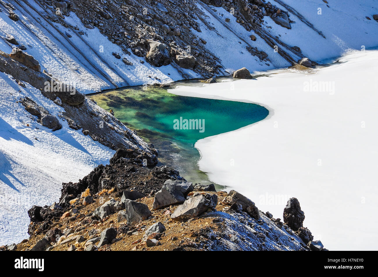 Emerald Lakes im Winter Tongariro Alpine Crossing, Neuseeland Stockfoto